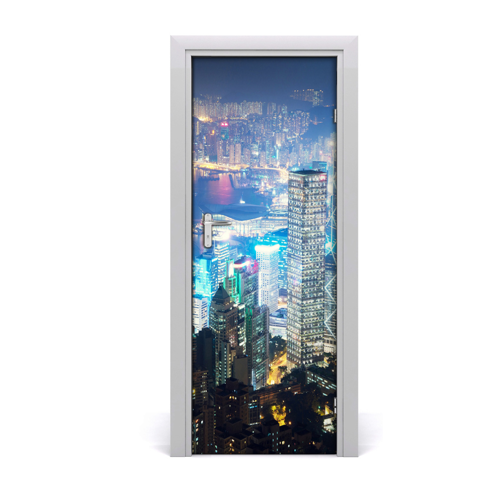 Tapeta na dveře s 3d efektem Hong Kong svjetla noću