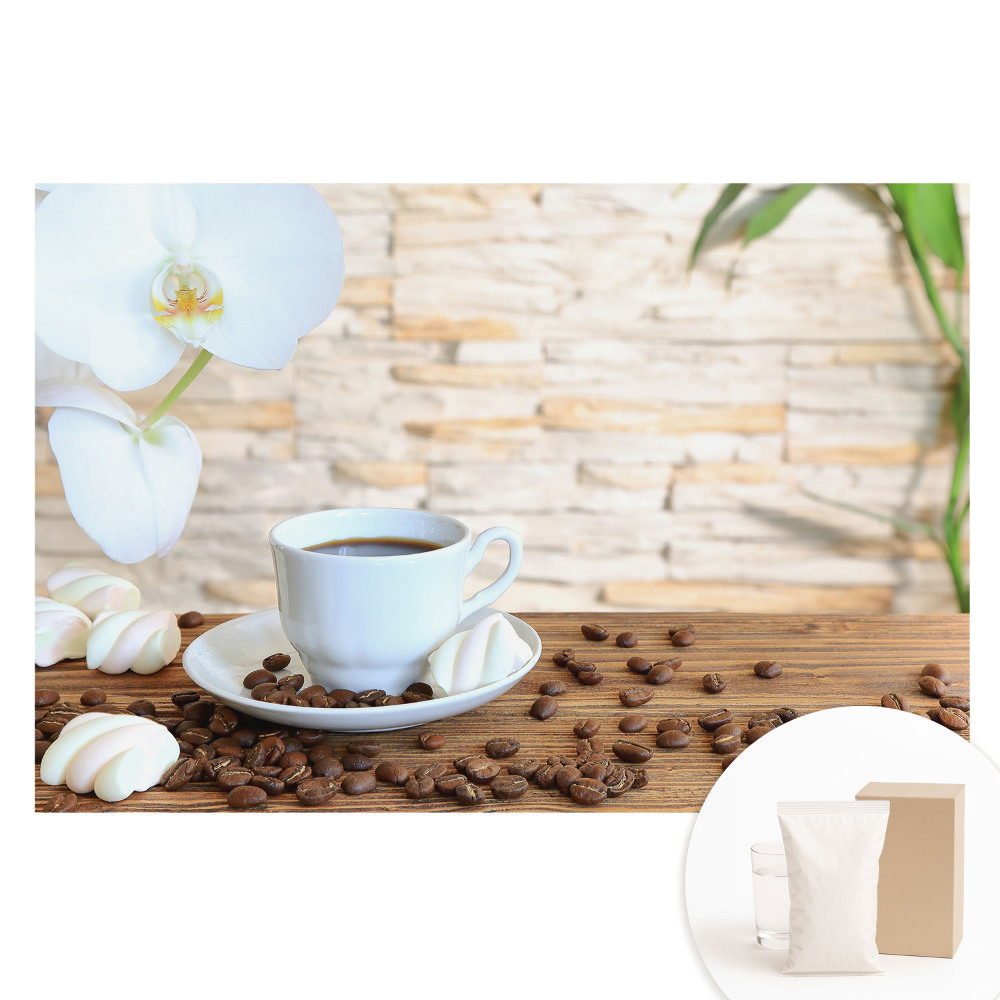 Fototapeta na vliesu Káva a orchidej na dřevě