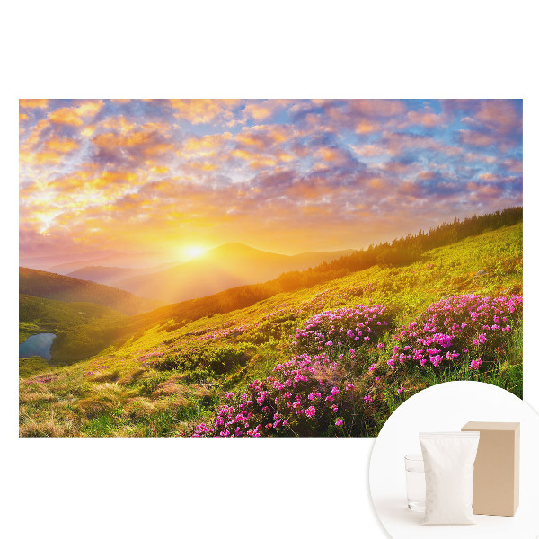 Netkaná tapeta Květiny v horách při západu slunce