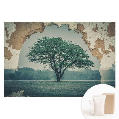 Netkaná tapeta Nostalgický motiv stromu na pozadí staré zdi
