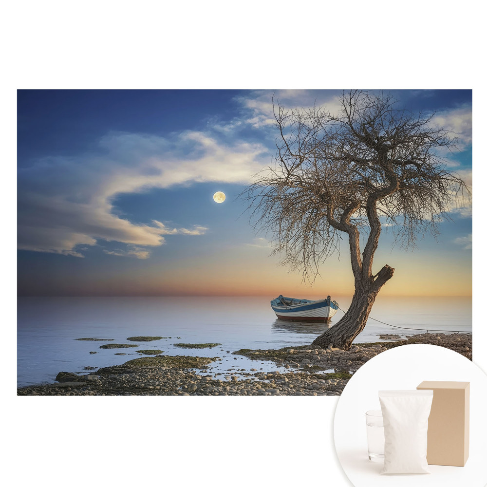 Fotografická tapeta na netkané textilii Romantický západ slunce s lodí a stromem