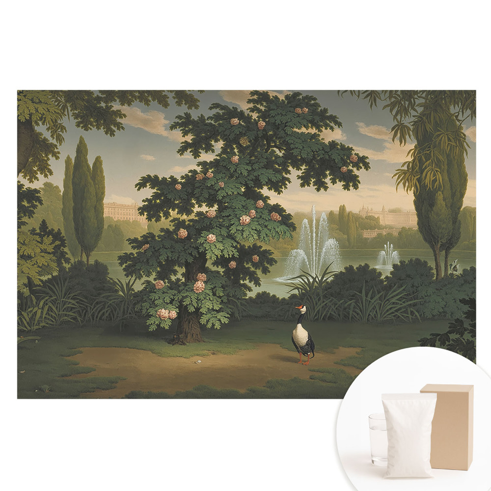 Netkaná fotografická tapeta Malebná zahrada se stromem a ptákem