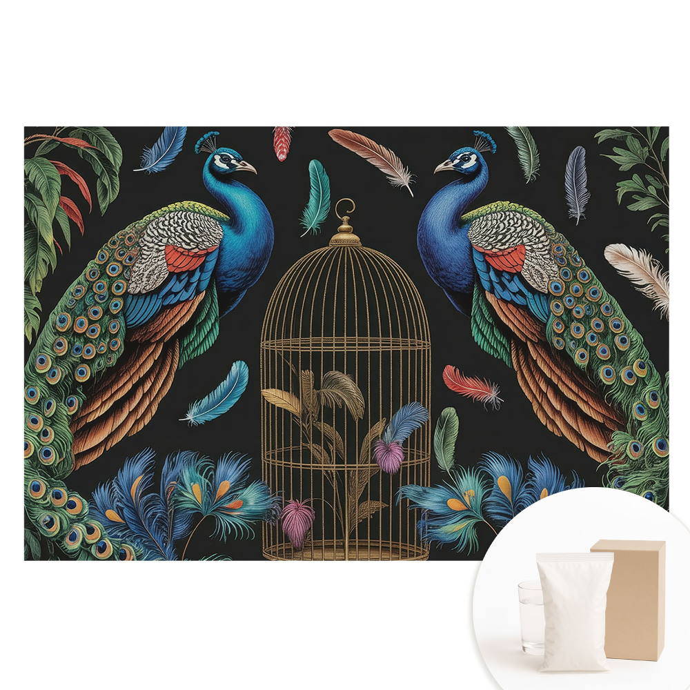 Netkaná fotografická tapeta Pávi a vintage klec