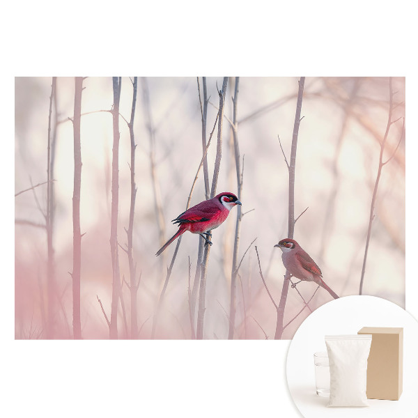 Fototapeta s potiskem na netkané textilii Roztomilí ptáci v růžovém lese