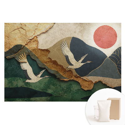 Fotografická tapeta na netkané textilii Jeřáby a malebné krajiny rudého slunce