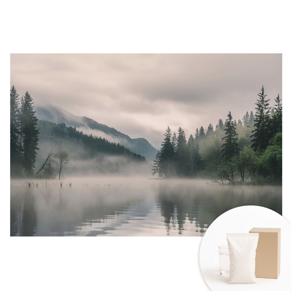 Netkaná tapeta s potiskem Mlha nad jezerem mezi horami