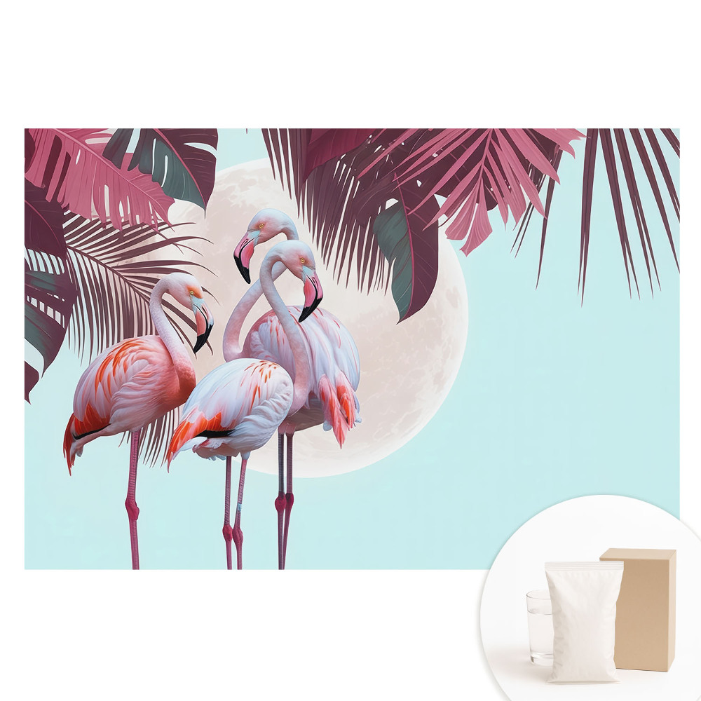 Netkaná tapeta s potiskem Barevní plameňáci v tropickém prostředí