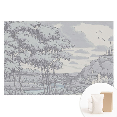 Netkaná tapeta s potiskem Hrad, les, řeka, klasická ilustrace