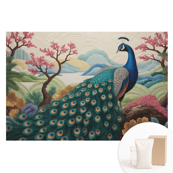 Netkaná fotografická tapeta Exotický páv v pastelové krajině