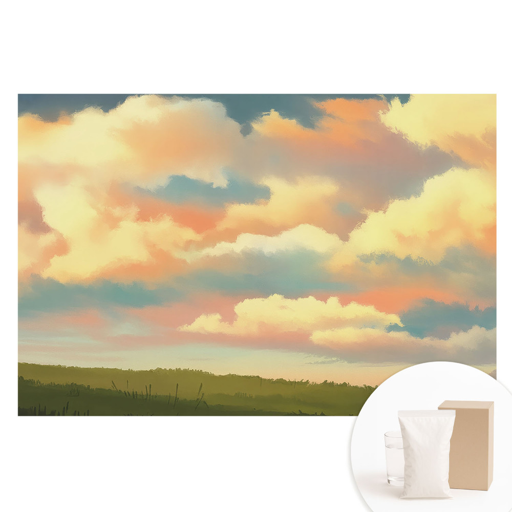 Netkaná tapeta s potiskem Pastelové mraky louka dojem