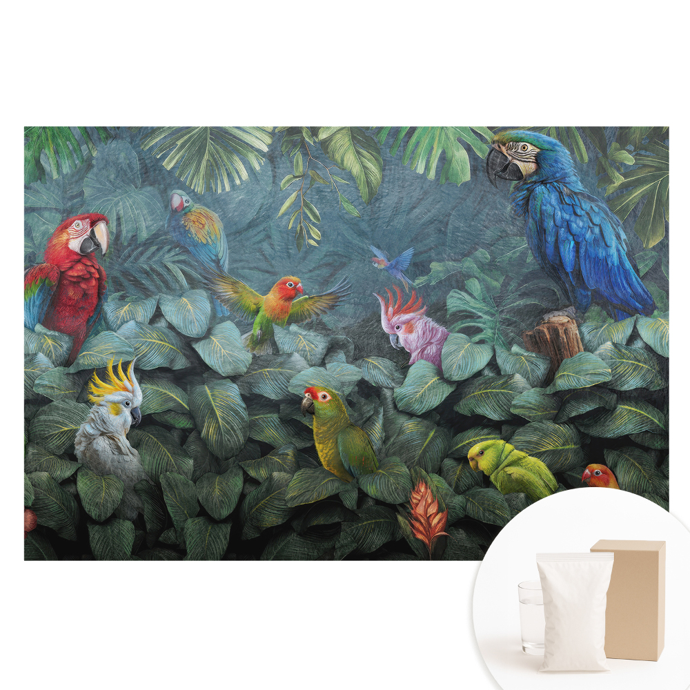 Netkaná tapeta Tropické papoušky a listy
