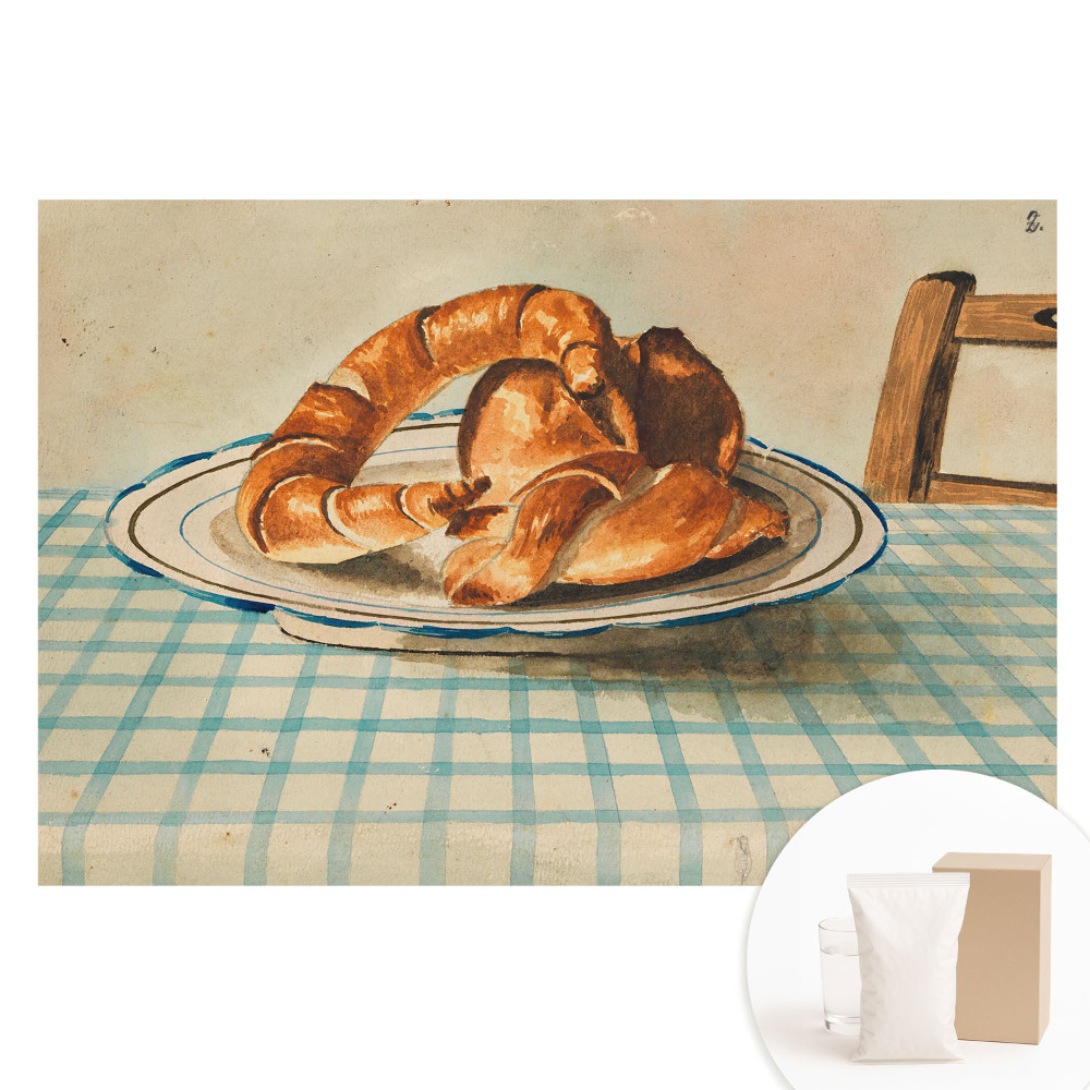 Fototapeta s potiskem na netkané textilii Croissanty na talíři u kostkovaného stolu