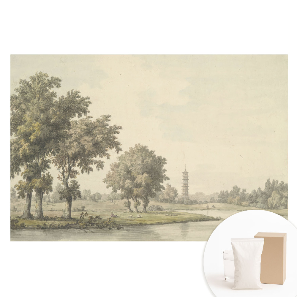 Netkaná tapeta s potiskem Malebná krajina s pagodou a rybníkem