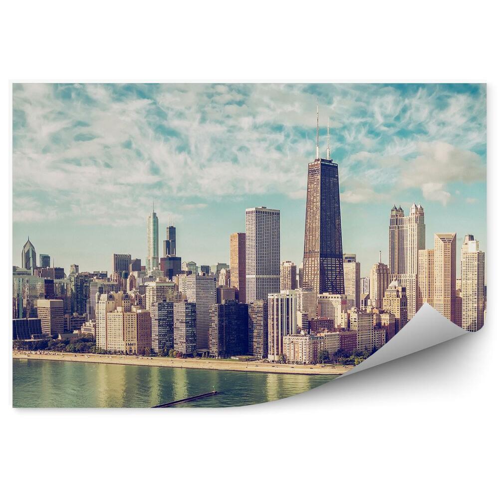Fototapeta Mrakodrapy nápis nebe mraky stromy lampy deštníky Chicago