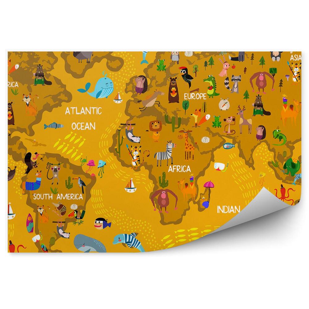 Samolepící fototapeta Hnědá mapa světa pro děti jména zvířat