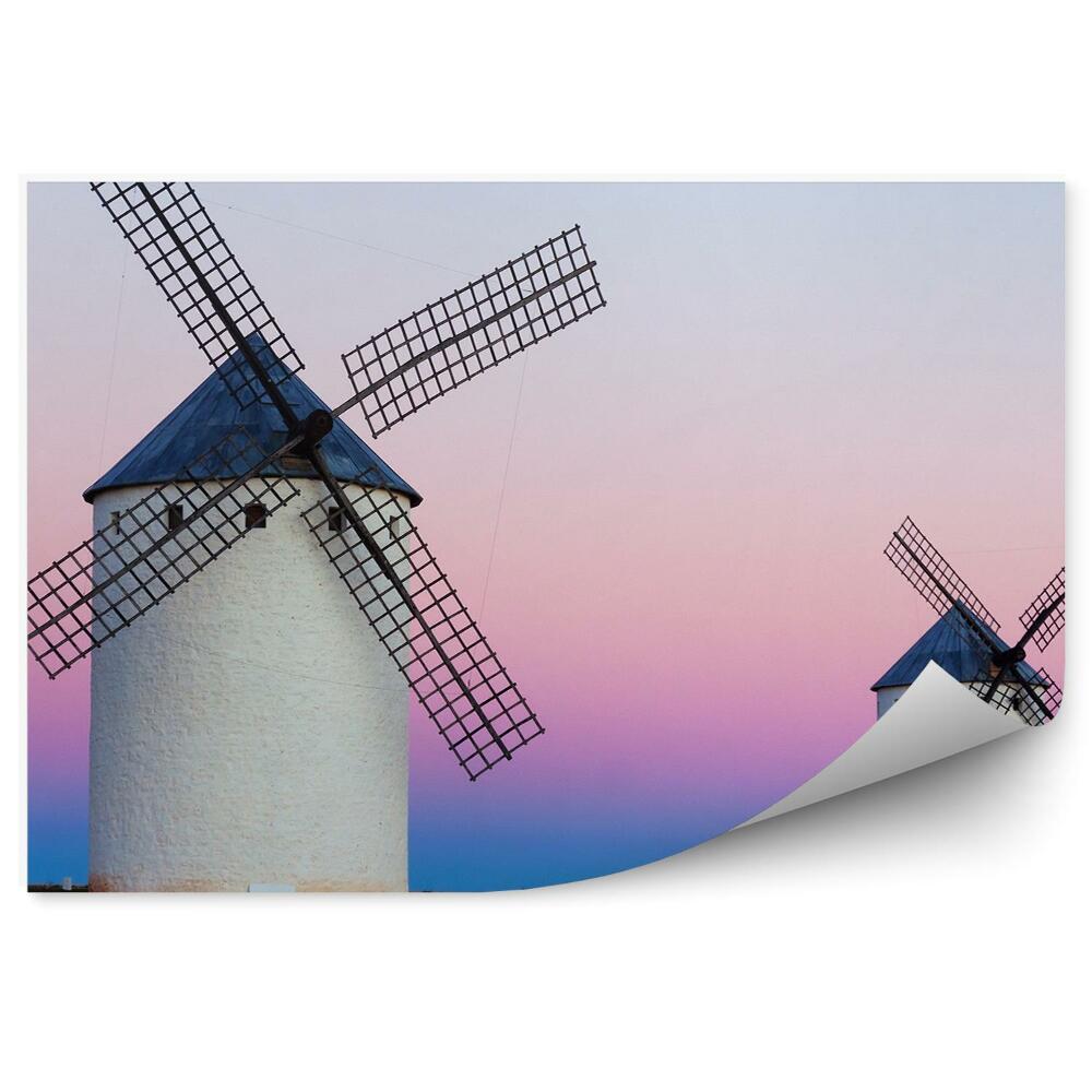 Fototapeta na zeď Růžovomodrá obloha větrné mlýny večer