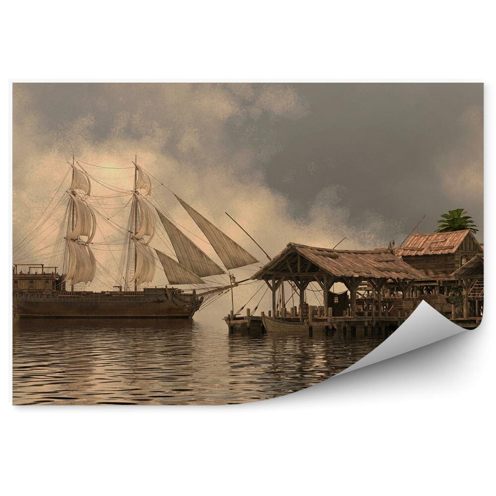 Fototapeta Ilustrace plachetnice na moři dřevo