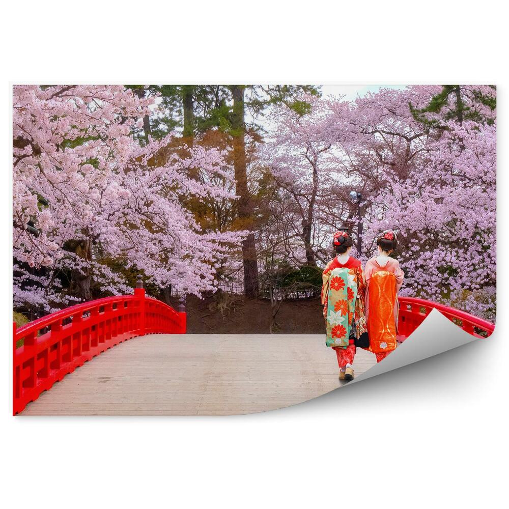 Fototapeta Červený most gejši kimono příroda stromy