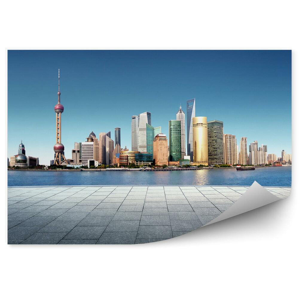 Samolepící fototapeta Šanghaj mrakodrapy panorama města oceán chodník