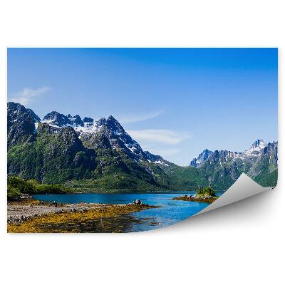 Samolepící fototapeta Panorama hory zimní sníh zelený pes budova jezero