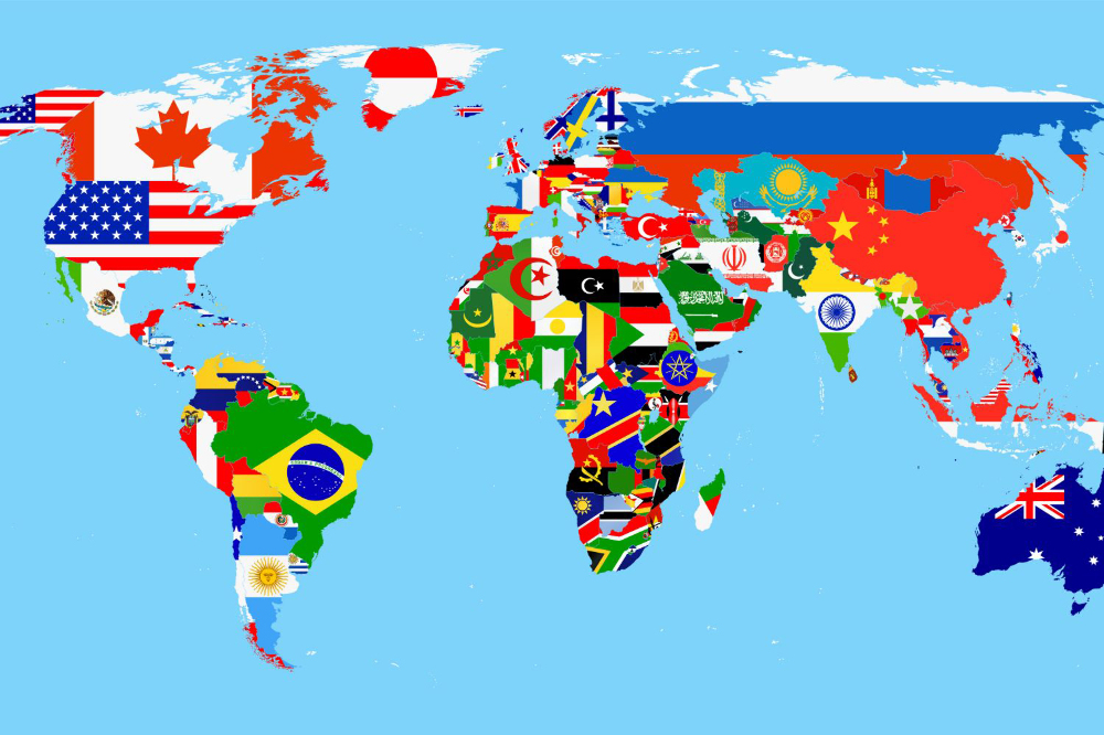 Samolepící fototapeta Mapa světa s vlajkami