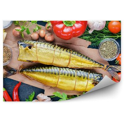 Fototapeta na zeď Uzená ryba deska zelenina olej