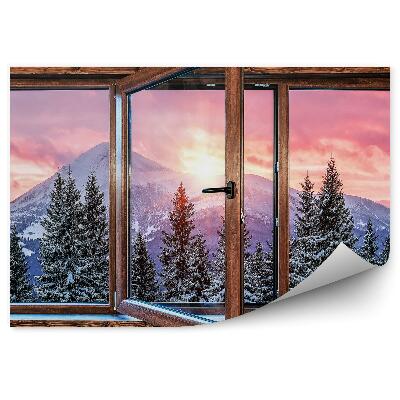 Samolepící fototapeta Zimní sníh dřevěné okno v chalupě s výhledem na vánoční stromek