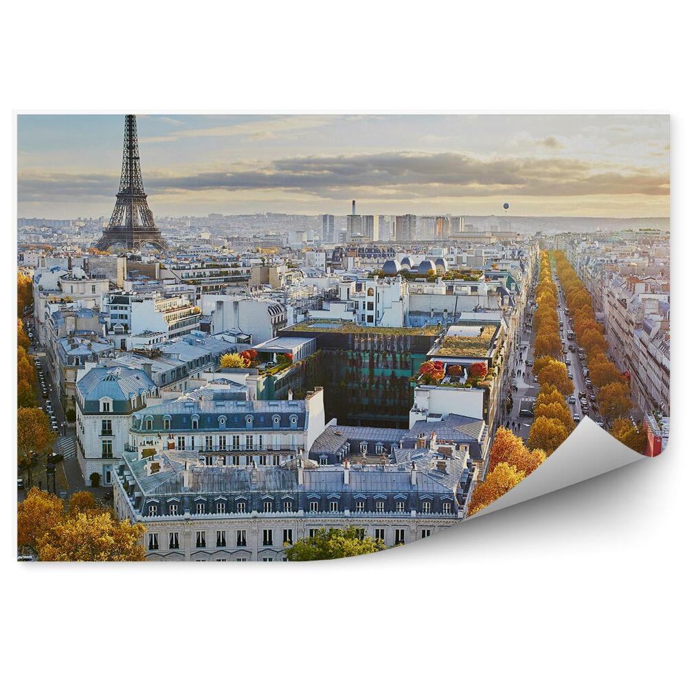 Fototapeta Paříž panorama budovy stromy ulice Eiffelova věž obloha mraky