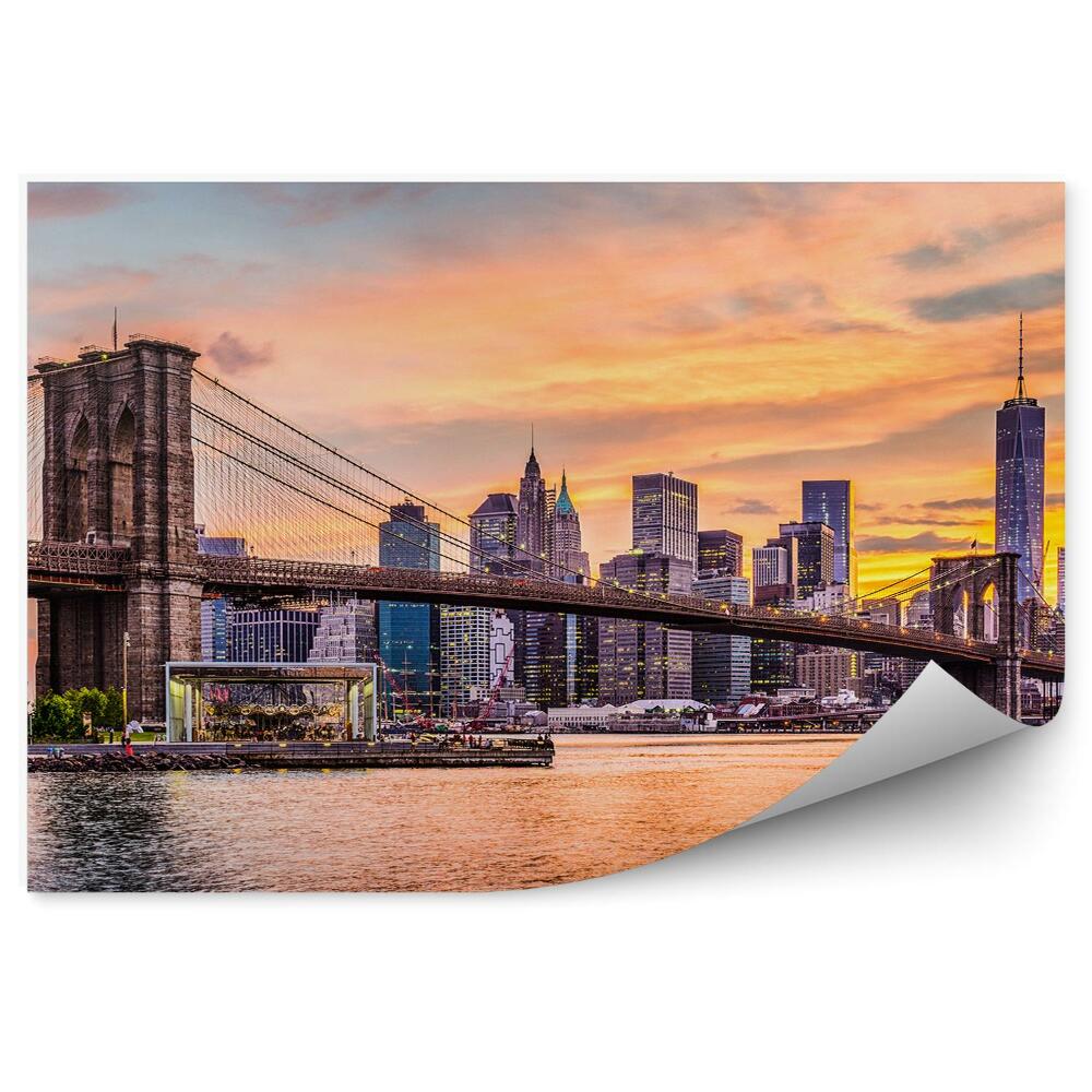 Fototapeta na zeď Brooklynský most mrakodrapy řeka západ slunce New York stromy mraky