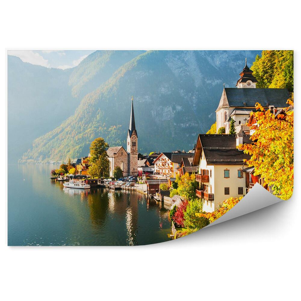 Samolepící fototapeta Obec Hallstatt Rakouské Alpy stromy podzim jezero