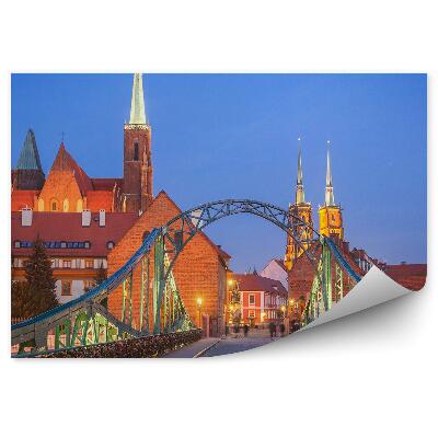 Tapeta na zeď Ostrów Tumski Wrocław most visací zámky katedrála sochy chodník noc