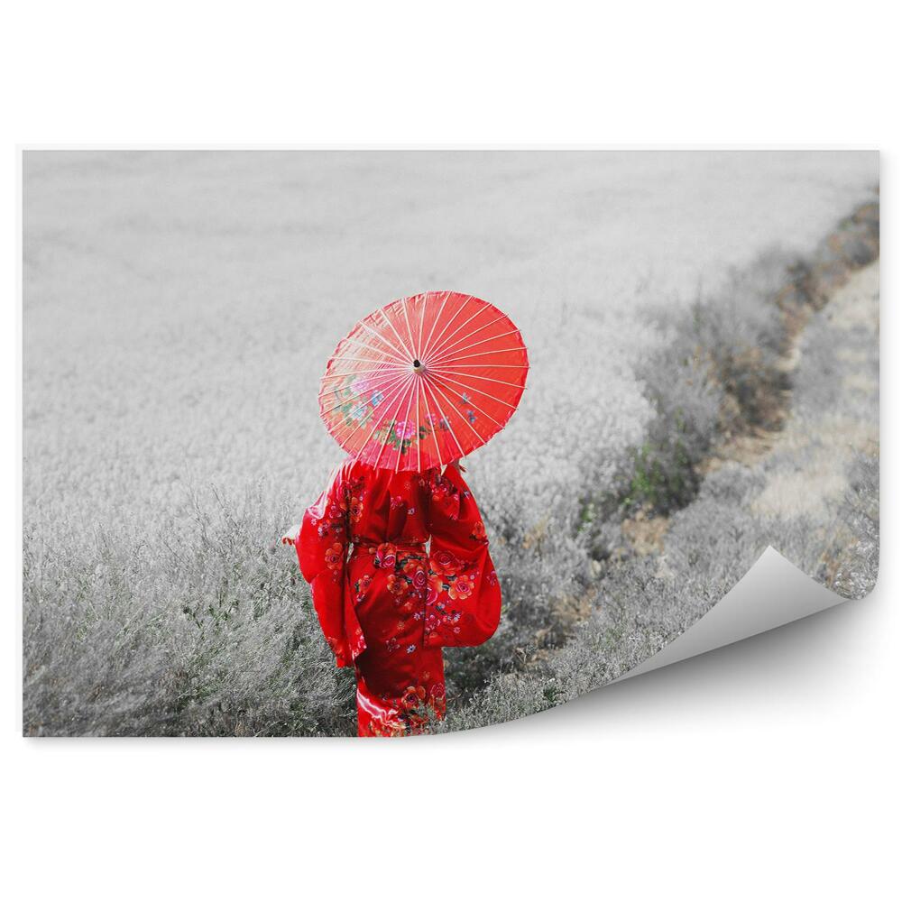 Fototapeta Žena v kimonu s deštníkem cesta pole