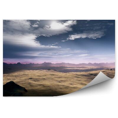 Samolepící fototapeta Poušť tráva jezero hory obloha mraky