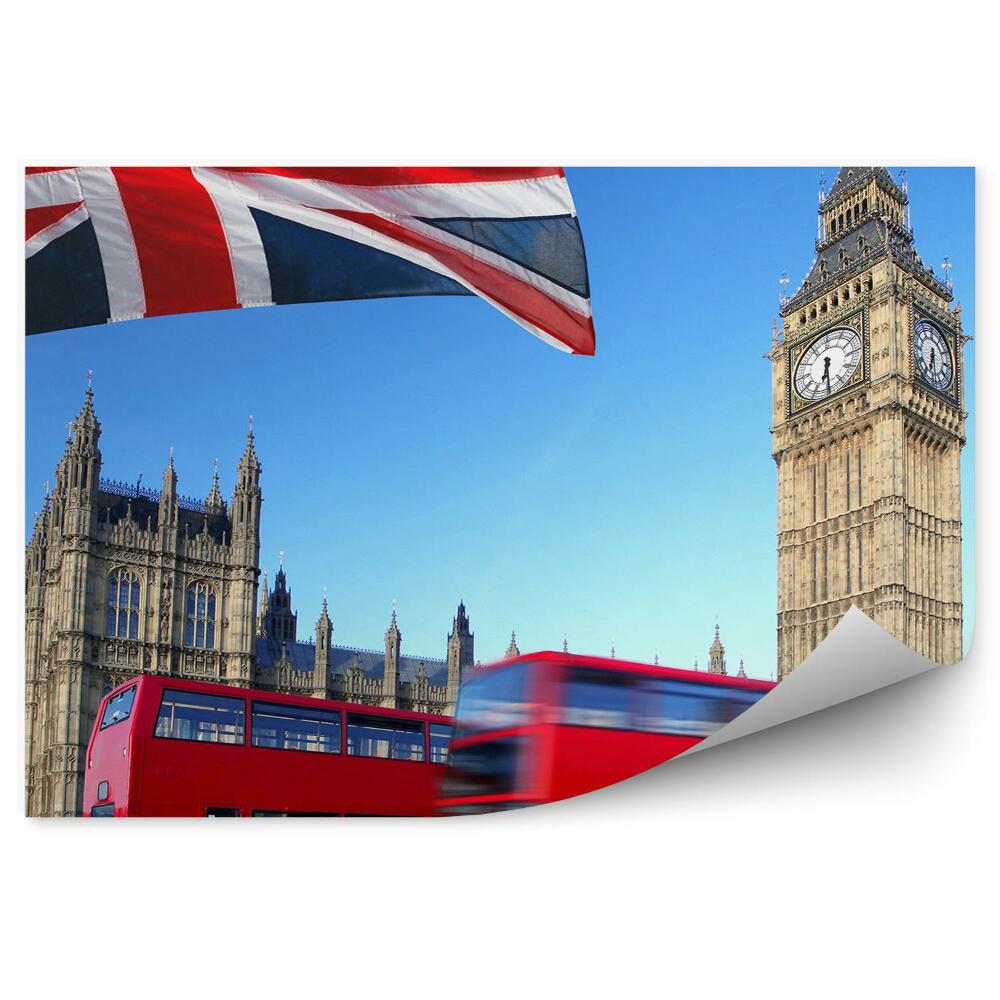 Tapeta na zeď Westminsterský palác Big Ben dvoupatrové autobusy vlajka Anglie Londýn