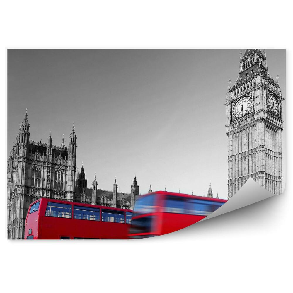 Samolepící fototapeta Černobílý Big Ben Londýn červené autobusy