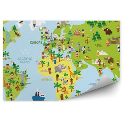 Samolepící fototapeta Mapa světových kontinentů zvířata lidé modrá