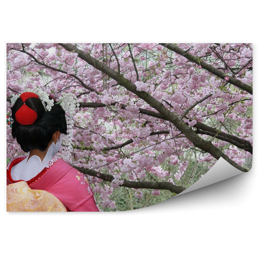 Samolepící fototapeta Gejša make-up sakura strom květiny kimono