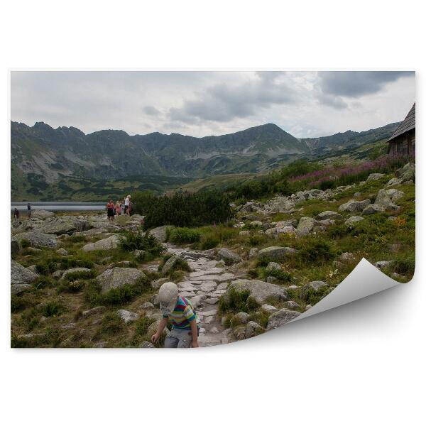 Fototapeta na zeď Tatry Morskie Oko stromy chata nebe mraky lidé