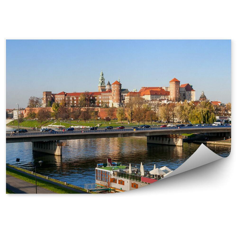 Fototapeta na zeď Krakov panorama most auta loď katedrála Wawel řeka Visla stromy