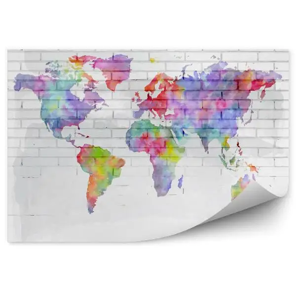 Fototapeta Akvarelová mapa světa na cihlové zdi