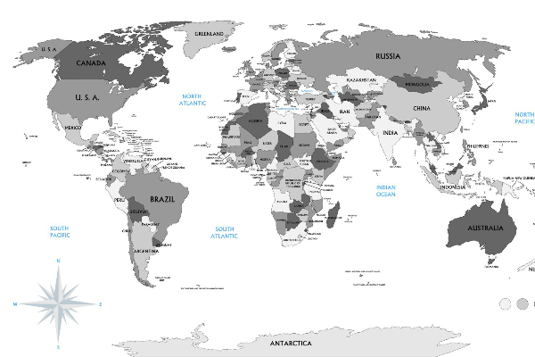 Samolepící fototapeta Černobílá politická mapa světa