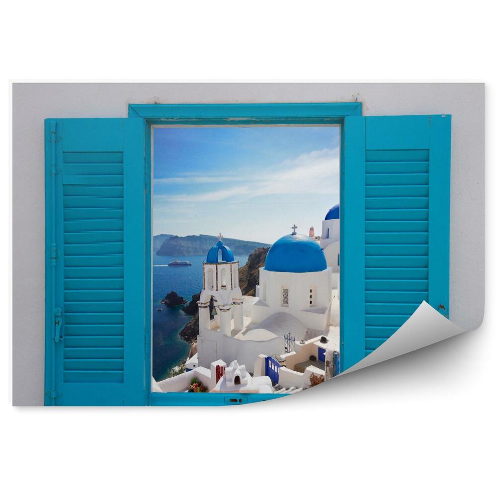 Fototapeta Okno s výhledem na kalderu a kostel na santorini