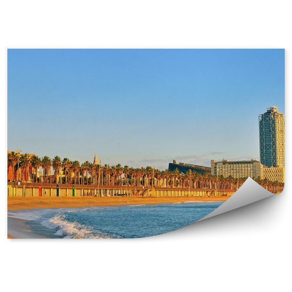 Tapeta Pláž oceán palmy budovy Barcelona Španělsko