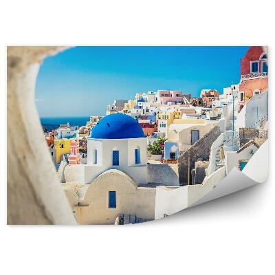 Samolepící tapeta Santorini budovy květiny oceán hory nebe Řecko