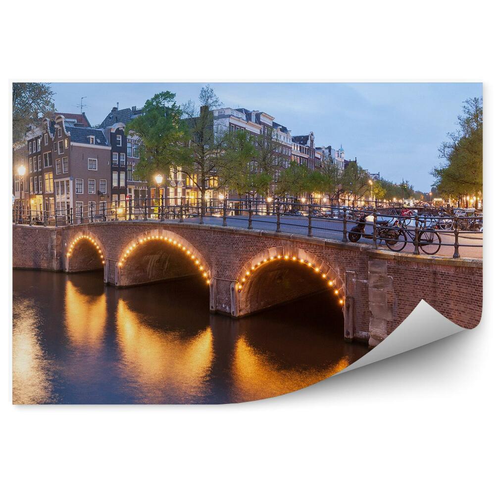 Fototapeta na zeď Panorama krásné kanály Amsterdam budovy stromy kola motorky stromy světla řeka