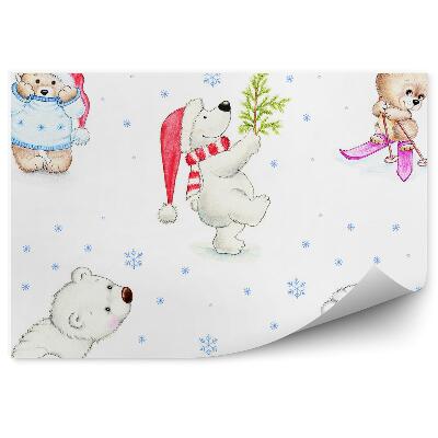 Samolepící fototapeta Medvídek zimní lyže vánoční stromeček