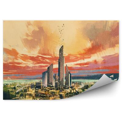 Fototapeta Město sci-fi stromy tráva barevná obloha