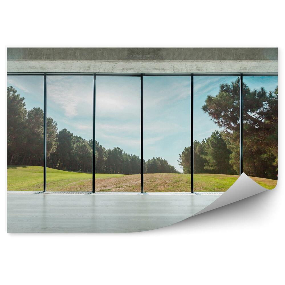 Samolepící fototapeta Moderní interiér beton les tráva mraky