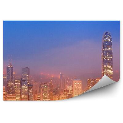 Samolepící fototapeta Hongkong mrakodrapy světla noc oceán jachty