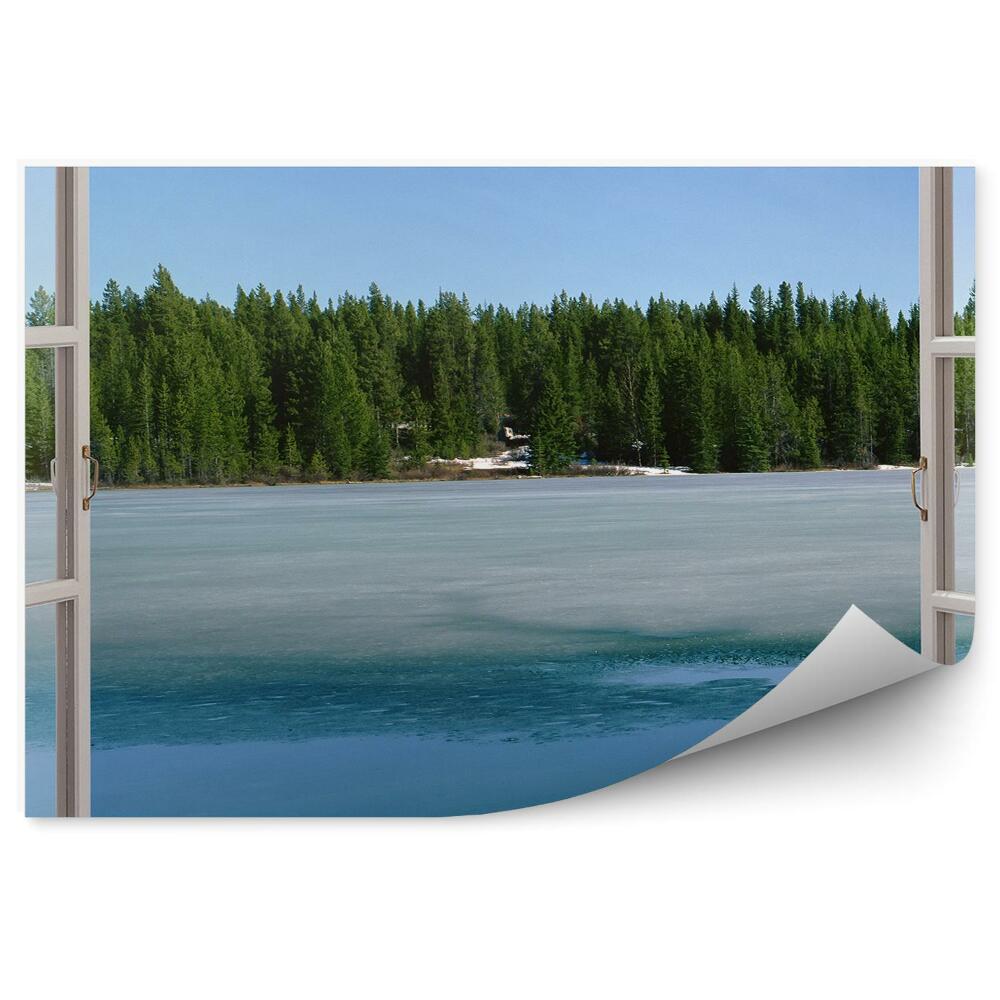Fototapeta na zeď Otevřené okno a pohled na zamrzlé jezero a les